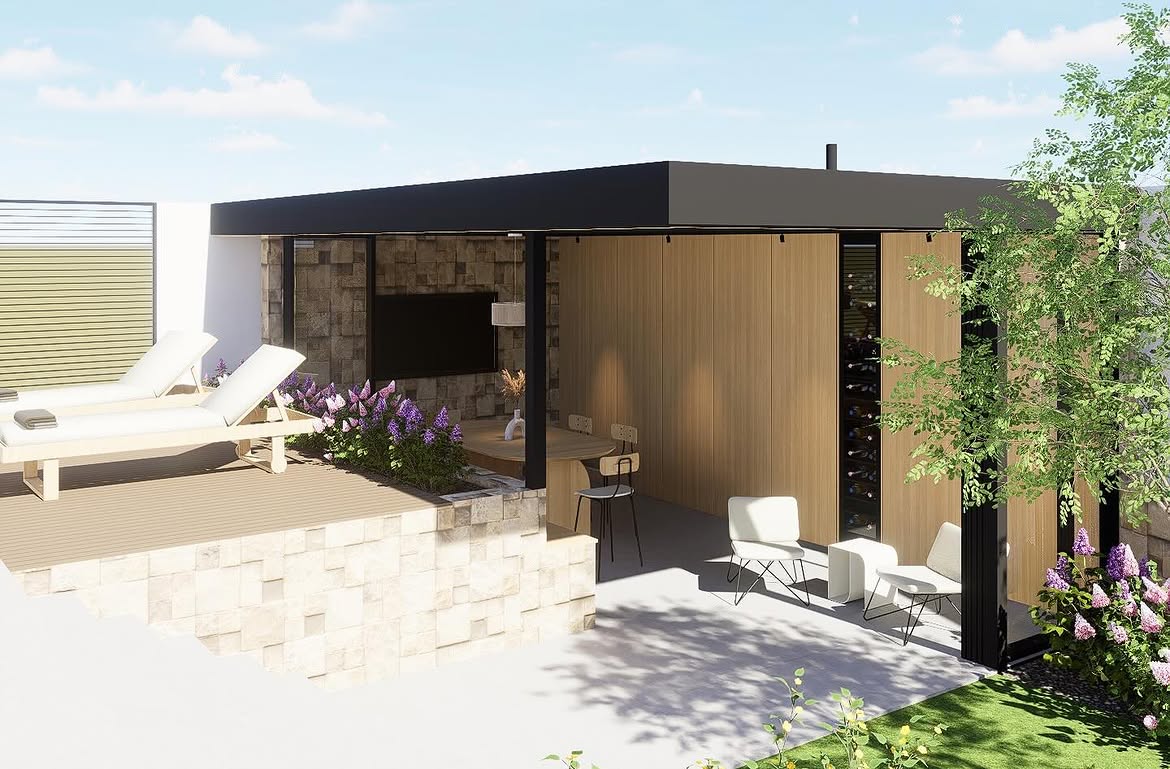 Zona chill-out exterior con porche de madera y tumbonas